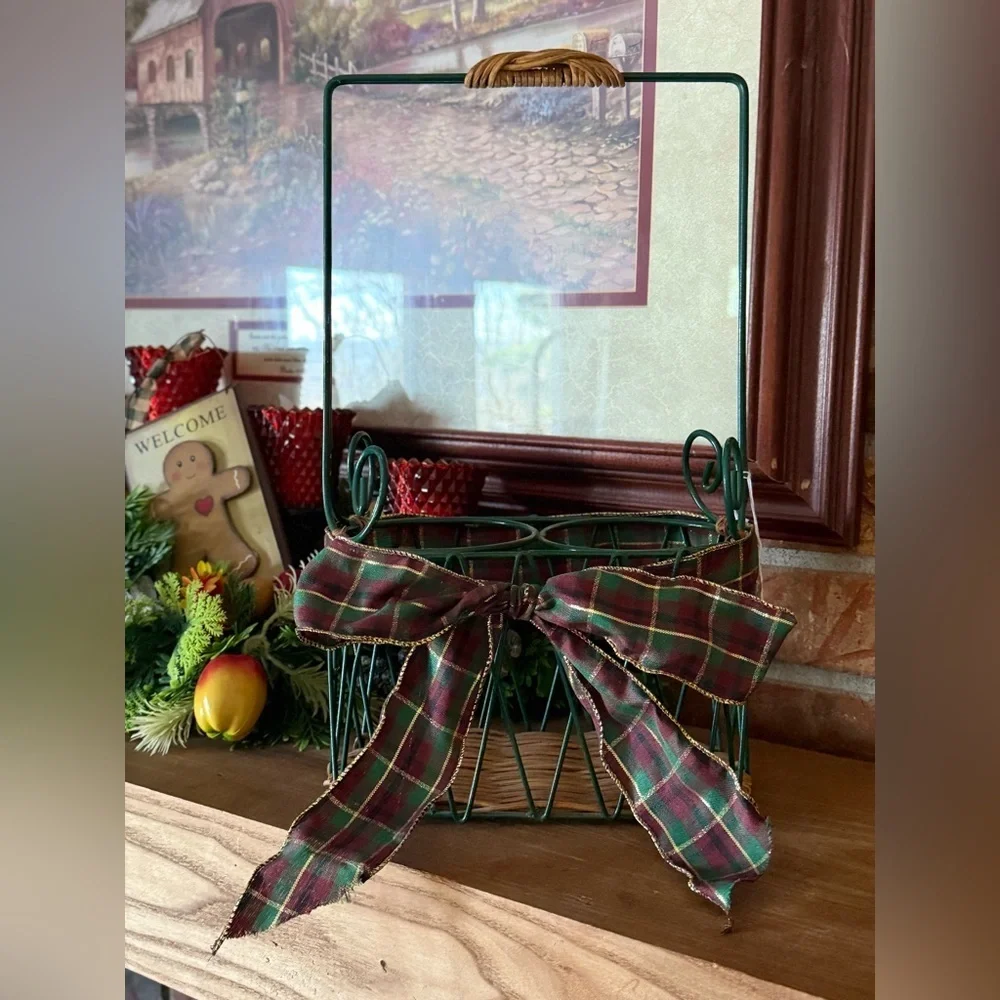 Vintage 1992 Holiday Wine Green Wire Wicker Basket with Plaid Bow